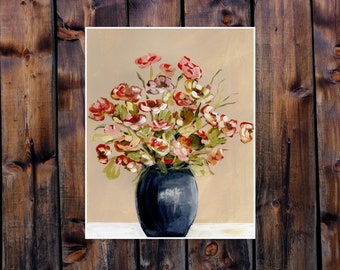 Poppies in navy vase, 14 x 11 16x20 Print from the artist pretty red yellow floral print living room, bedrooom wall art, farmhouse decor