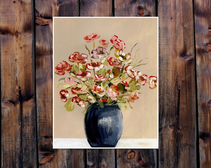 Poppies in navy vase, 14 x 11 16x20 Print from the artist pretty red yellow floral print living room, bedrooom wall art, farmhouse decor