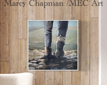 Original painting of vintage style hiking trip , travel inspired,hiking boots, woman,  outdoor painting, by Marcy Chapman
