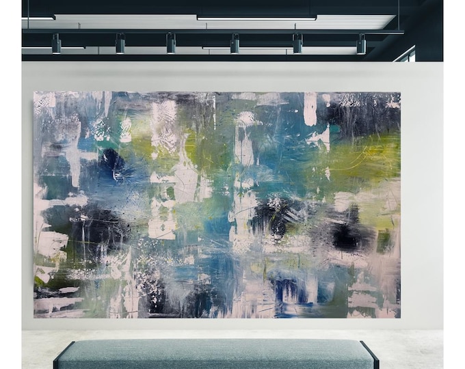 Original painting, huge, acrylic, blues, yellow green,  black, white modern contemporary wall art, large painting
