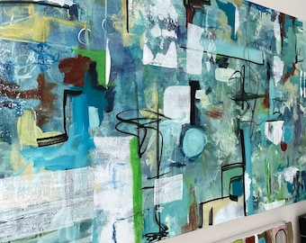 Unique original abstract, shapes geometric wall art  24” x48” painting blue and turquoise modern, ready to hang, framed