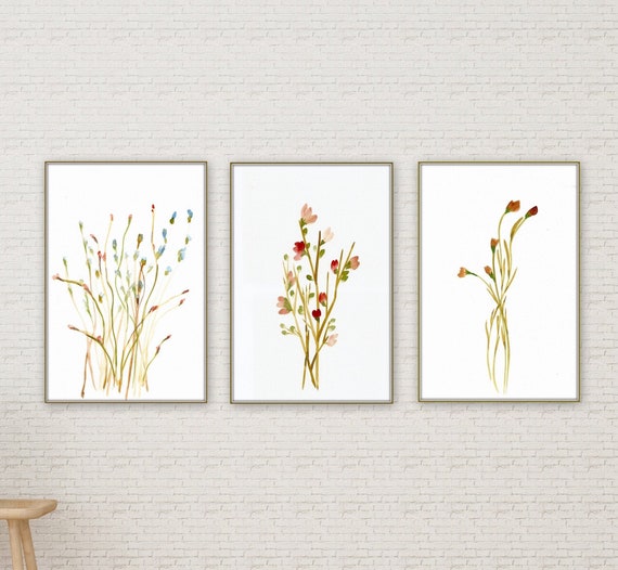 Set of three farmhouse wall decore botanical prints, ready to frame, pretty red floral wall art, botanical leaves print