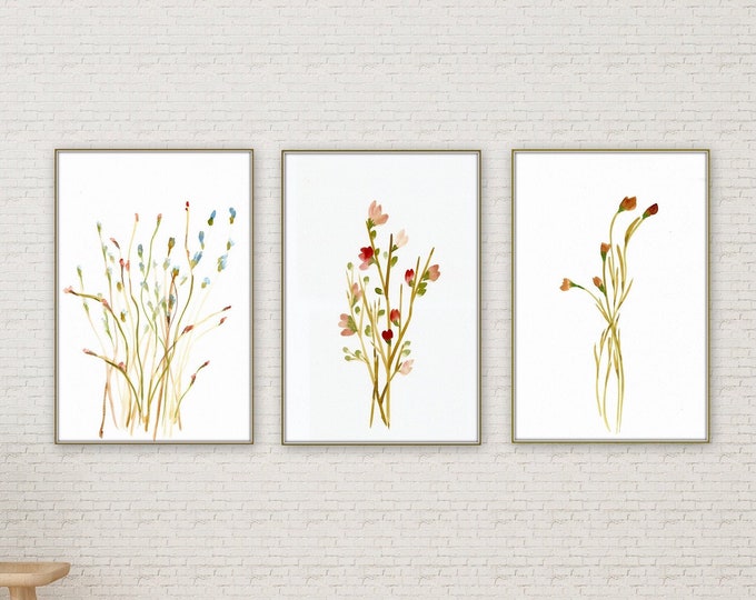 Set of three farmhouse wall decore botanical prints, ready to frame, pretty red floral wall art, botanical leaves print
