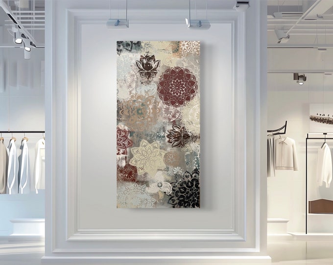 Original abstract painting by Marcy Chapman, colors red, light blue, dark navy, white, beige, brown, unique painting