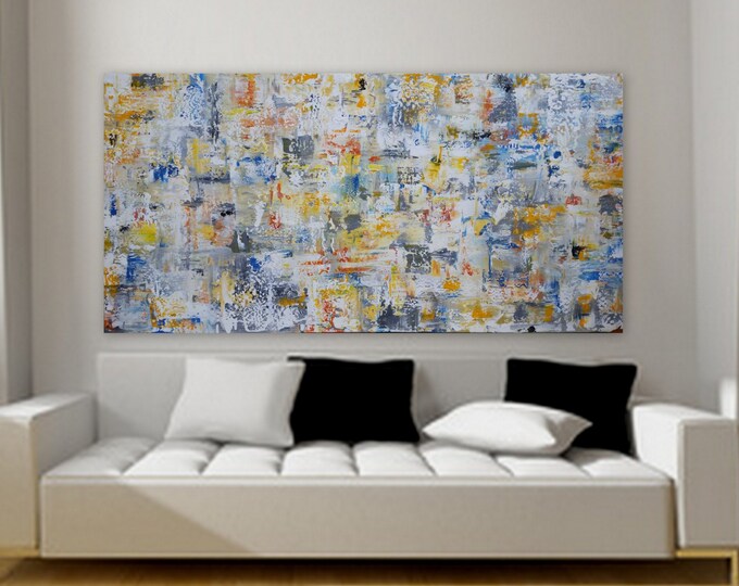 Huge custom order abstract painting gray yellow orange blue free shippining unstretched canvas 80 x 40 large decor wall art Marcy Chapman