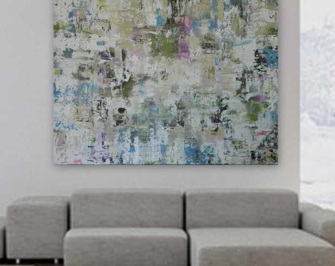 Extra Large XL HUGE 48" x 60" Custom painting by Marcy Chapman Modern Abstract silver/blue green pink fuchsia cream, white