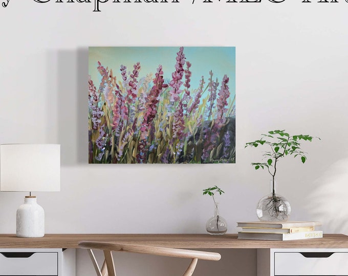 Original lavender field painting, vintage retro style art by Marcy Chapman. flower paintings inspired by old photos
