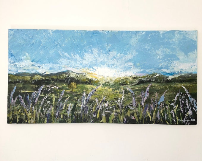 Original Acrylic painting Lavender fields at sunset, pretty sunrise sunset landscape painting puple violet