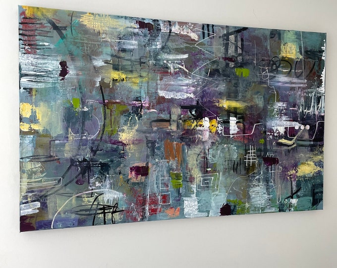 Purple geometric abstract unique, one of a kind  30 x 48 inches ready to hang modern contemporary shapes geometric ar