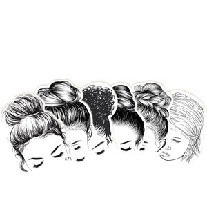 May include: Black and white line drawing of seven women's faces with different hairstyles, including buns, braids, and curly hair. The women are looking down with their eyes closed.