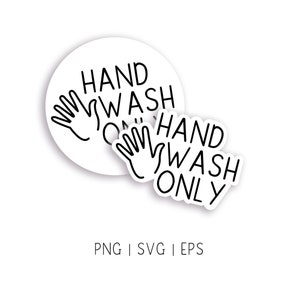 Puede incluir: Dos pegatinas blancas con texto negro y un icono de mano que dice "HAND WASH ONLY".
