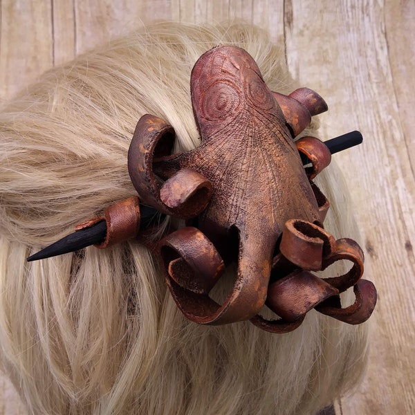 Leather Accessories - Octopus Hair Clip - Stick Barrette - Octopus Hair - Leather Hair Barrette with Stick - Octopus Hair Stick - Hair Stick