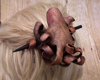 Leather Octopus Hair Clip - Steampunk Hair Barrette with Stick