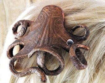 Steampunk Octopus Tooled Leather Barrette – Handmade Hair Clip