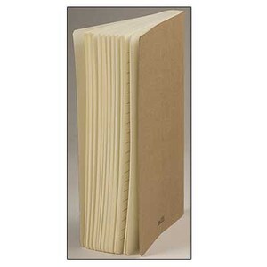 May include: A closed, brown paper notebook with blank white pages. The notebook is bound with a spine and has a simple, unadorned cover.