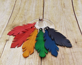 Feather Wine Charm Set- Leather Mug Charm - Hostess Gift - Kitchen Accessory - Entertaining Gift - Gifts for Her - Wine Gift - Coffee Gift