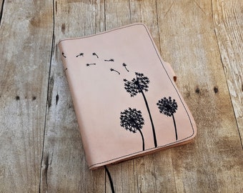 Refillable Book - Leather Journal Cover - Dandelion Design - A5 Size Lined Paper - Custom Sketchbook Cover - Dandelion Seed - Lined Journal