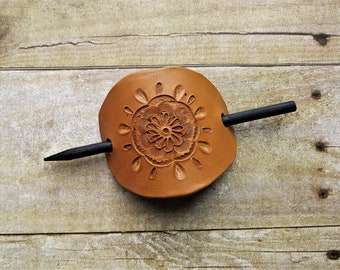 Hand Tooled - Leather Stick Barrette - Fashion Accessories - Designer Accessory - Floral Design - Bun Holder - Dyed Brown- Gift for her