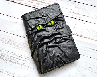 Handmade Monster Face Leather Journal – Refillable Sketchbook, Guest Book