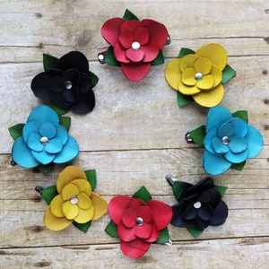 Leather Flower barrette- french barrette - snap barrette - gift her - hand cut flower - bun holder - hair fashion - hair clip barrette