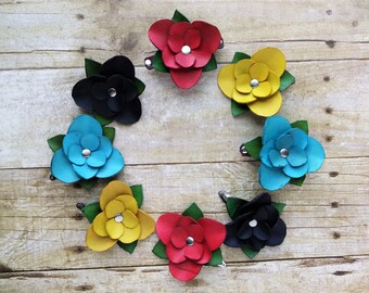 Leather Flower barrette- french barrette - snap barrette - gift her - hand cut flower - bun holder - hair fashion - hair clip barrette