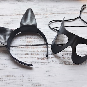 Cat Costume Accessories - Handmade Cat Ears - Leather Cat Woman Mask - Cat Burglar Costume Set - 1960s Cosplay Props - Halloween Dress Up