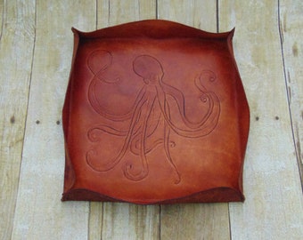 Leather Dice Tray - Hipster Octopus - Housewarming Gift - Gift for Him - Nautical Decor - Cary All Tray - Key Holder - Wallet Bin - Entry