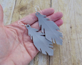 Leather Accessories - Grey Outfit - Feather Earrings - Fashion Accessories - Gifts for Her - Wire Hook Earrings - Luxury Leather - Neutrals