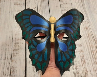 Butterfly Mask - Leather Masquerade Costume - Cosplay Accessories - Mardi Gras Parade - Faerie Costume - Halloween Mask - Hand Painted