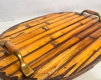 Vintage Bamboo Serving Tray with Brass Handles | Mid Century Vanity Tray | Boho Rattan Coffee Table Decor | Chinoiserie Gift