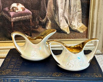 Vintage Iridescent Lusterware Cream and Sugar Set | Gold Dipped MCM Porcelain | Tea Service