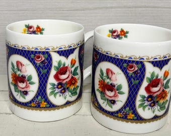 Set of 2 Roy Kirkham Blue Rose English Chintz Mugs | Fine Bone China England | Vintage Floral Coffee Cups | Blue Lattice Tea Mugs