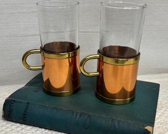 Set of 2 Beucler Copper and Brass Irish Coffee Mugs | MCM Glass Inserts | Russian Tea Cups