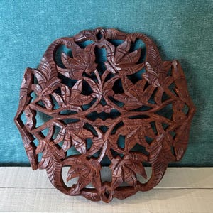 Vintage Hand Carved Wood Trivet | Decorative Rustic Wall Art | Solid Wood Trivet with Floral & Leaf Cutouts | Cottagecore Kitchen Decor