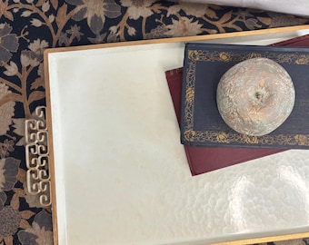 Vintage Kyes Moire Glaze Serving Tray | Cream Alabaster Enamel Gold Greek Key Handles