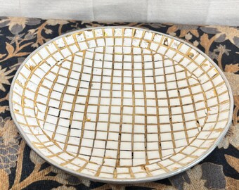 Mid Century Mosaic Tile bowl | Vintage White Gold Metal Dish | MCM Vanity Tray