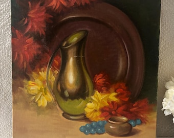 Vintage Still Life Oil Painting | Moody Floral Art on Canvas | Rustic Dark Academia Decor | Signed "B. Silva" Original | Unframed Wall Art