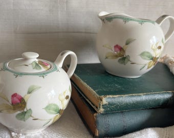 Vintage Magnolia Flower Creamer and Sugar Bowl Set | Porcelain Tea Service | Green & White Floral China | Grace's Teaware