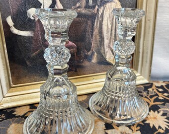 Vintage Pressed Glass Candlestick Holders Set of 2 | Diamond Point Ribbed Clear Glass