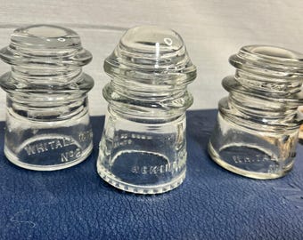 Set of 3 Vintage Clear Glass Insulators | Whitall Tatum Hemingray No. 1 | Industrial Decor