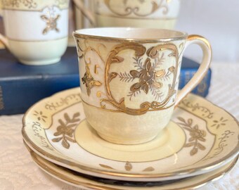 Vintage 9 Piece Cream Porcelain Tea Set | Gold Filigree Cups Saucers Creamer | MCM