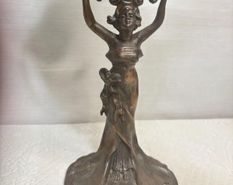 Antique Art Nouveau Figural Vanity Mirror | Bronze Tone Metal Maiden Dresser Mirror | Vintage Boudoir Decor | Edwardian Beauty