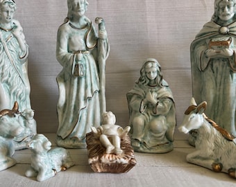 9 Piece Vintage Hand Painted Ceramic Nativity | Robin Blue White Christmas Manger Scene | Monochromatic Mid-Century Holy Family
