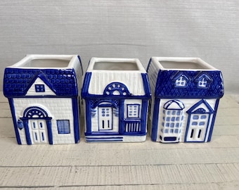 Vintage Blue White Ceramic House Planter Set | Dutch Cottage Cachepot Trio | Chinoiserie Decor