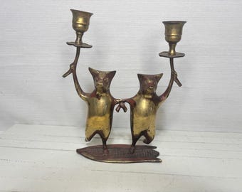 Vintage Brass Dancing Pigs Candle Holder | Ornate Pigs on Corn Cob Candelabra | Whimsical Animal Taper Holder | Farmhouse Decor | Brass Pig