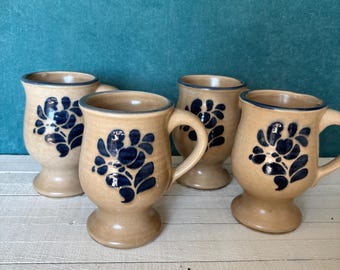 Vintage Stoneware Mugs | Set of 4 Rustic Floral Mugs | Blue and Brown Coffee Cups | Cottagecore Kitchen Decor | 70s Boho Tea Cups