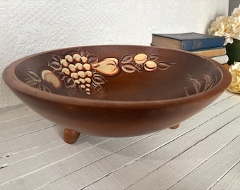 Vintage Wooden Fruit Bowl | Mid Century Modern Woodcraftery America Bowl | Hand Painted Fruit Design | Farmhouse Rustic Decor | Solid Wood