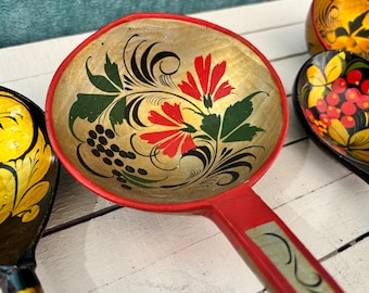Vintage Set of 5 Khokhloma Spoons | Russian Folk Art Spoons | Hand Painted Wooden Utensils | Boho Cottagecore Kitchen