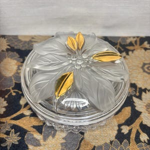 Vintage Studio Nova Golden Poinsettia Crystal Covered Dish | Frosted Glass Holiday Candy Bowl & Lid | Christmas Serving Dish | Mikasa Japan