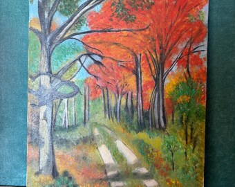 Vintage Original Painting | Rustic Autumn Forest Landscape | Fall Canvas Wall Art | Mid-Century Cottagecore Decor | Signed Painting